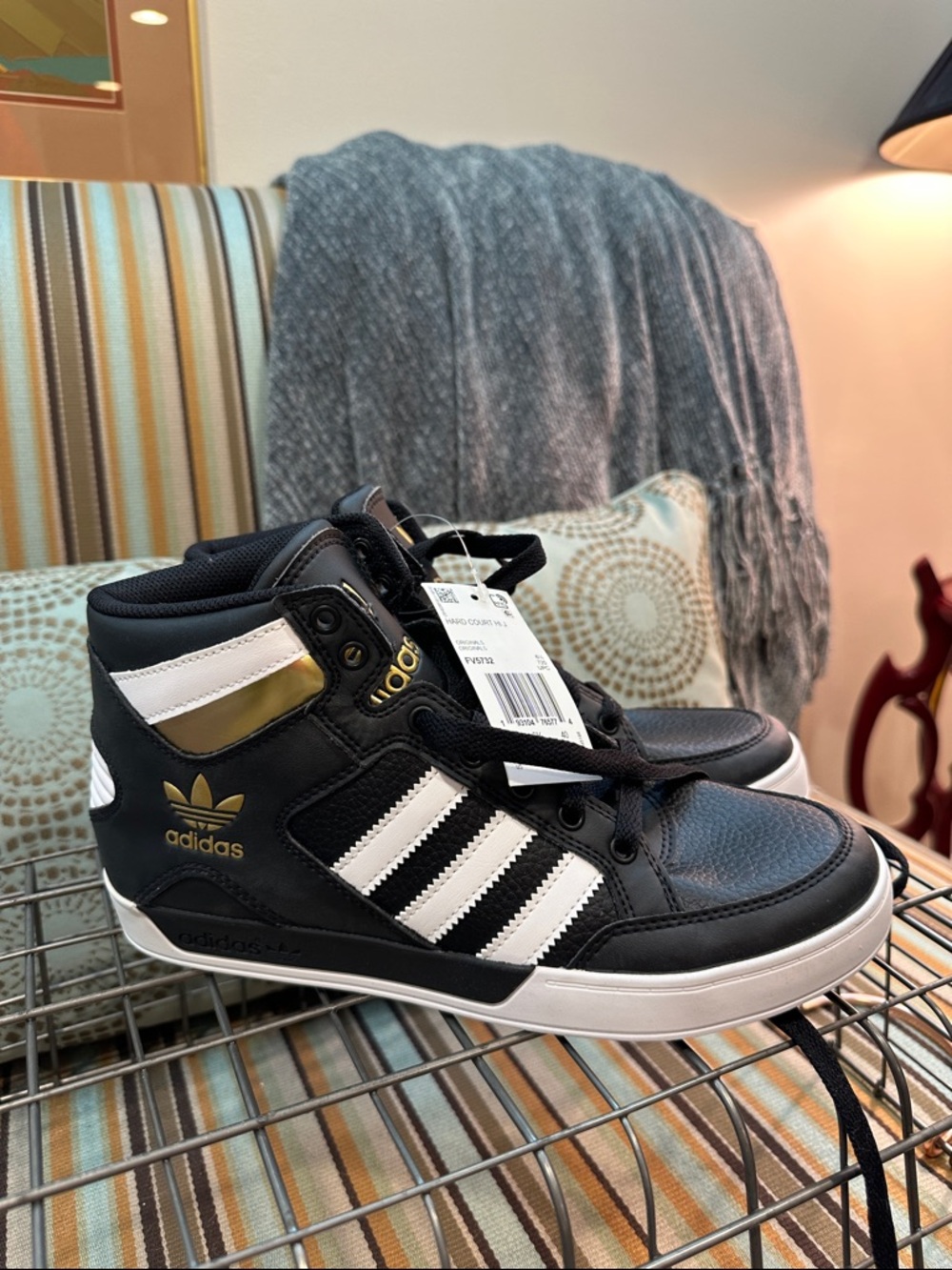 adidas Kids (fit women’s 8) Black and White High-Top Sneakers with Gold Trim